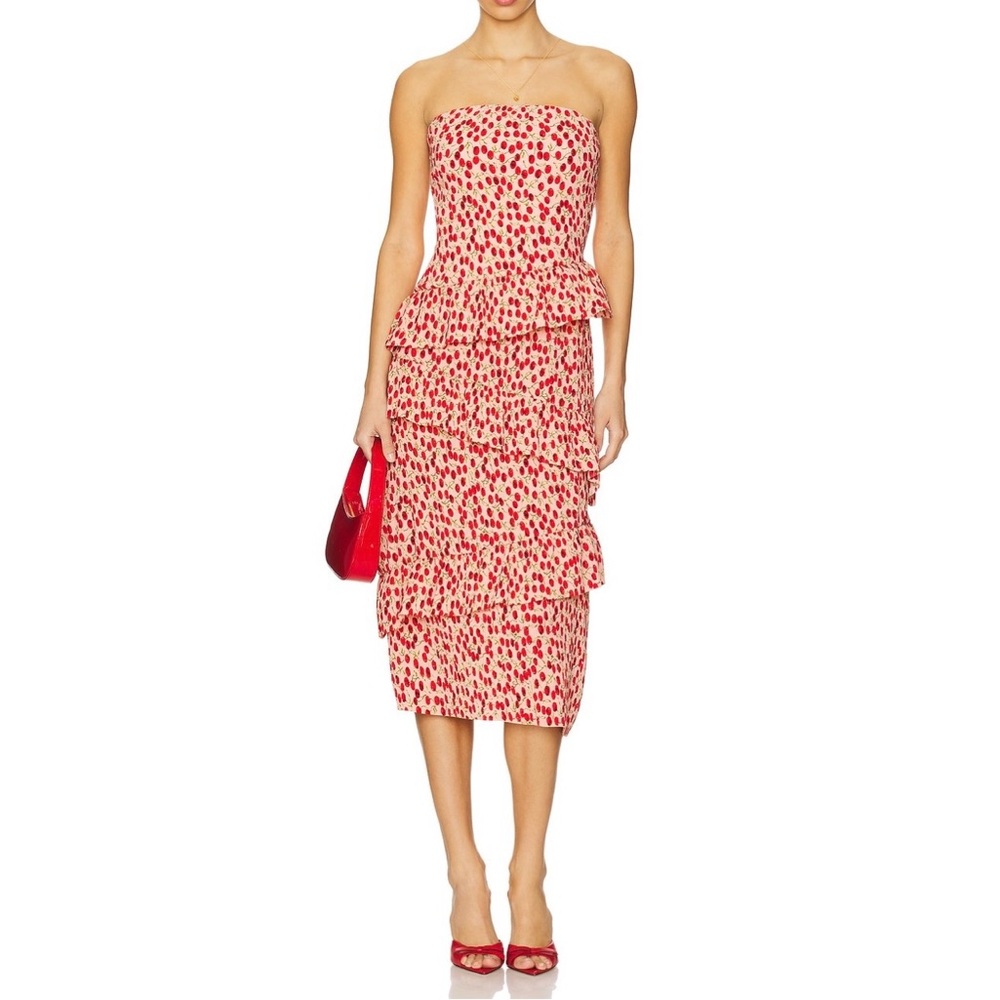 ASTR Tiered Ruffle Strapless Dress in Cherry Print